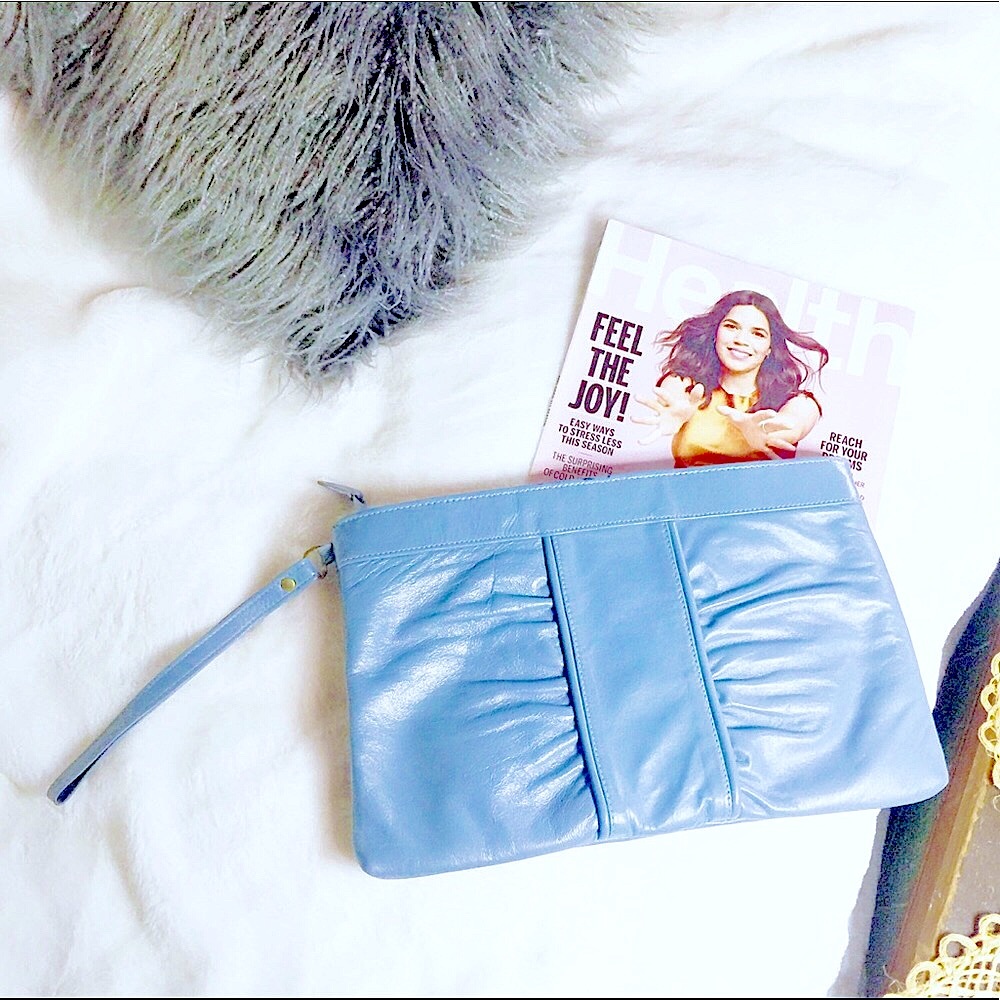 🥳HP: Sky Blue Leather Wristlets Zipper w/Ribbed Decor Vintage Bag - Picture 3 of 14